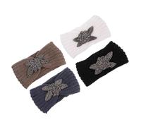 Beaupretty 4pcs Women's Knitted Headbands Rhinestone Four-leaf Design, Wide Warm Hairbands for Makeup and Outdoor Use, Face Washing Hairbands in Black, Beige, Dark Gray, Khaki