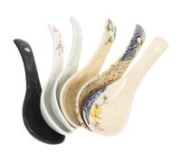 Beaupretty 6pcs Japanese Retro Ceramic Soup Spoons Set, Flat Rice and Ramen Spoons with Assorted Blue, Black, Fish, Floral, Lotus, Willow Designs, for Appetizers and Stews Serving