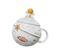 Beaupretty Cartoon Astronaut Mug Multipurpose Practical Function Ceramic 400ml with Lid and Spoon Space Mug White Stainless Steel for Office and Home Use