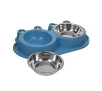 Beaupretty Double Cat Feeder with No Spill Moat Design Stainless Steel Pet Bowl with Plastic Base for Small to Medium Dogs and Cats Indoor Outdoor Dual Feeding Water and Food Station