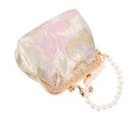 Beaupretty Handheld Chinese Brocade Coin Purse with Pearl Decoration Elegant Floral Clutch Bag for Women Traditional Silk Fabric for Wedding and Daily Use