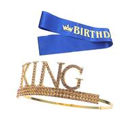 Beaupretty King Crown Sash for Boys Rhinestone Birthday Costume Accessory for Parties and Cosplay Elegant Headdress with Blue Shoulder Sash for Themed Events and Stage Performances