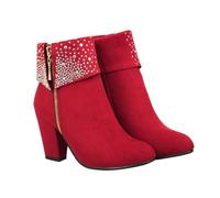 Beaupretty Mid Calf Boots for Party and Formal Occasions Easy to Put and Take Red with Decorative Rhinestones, Thick Heel Ankle Boots Made of Pu and Rubber Women