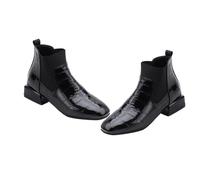 Beaupretty Patent Leather Black Ankle Boots Women Thick Heel Style Booties with Single Lining Elastic Goring Anti-skid Sole Comfortable Fashion Shoes