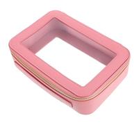 Beaupretty Pink Leather Portable Travel Makeup Bag with Double-Sided Design, Single-Layer Toiletry Organizer with Handle, Waterproof Cosmetic Pouch for Women