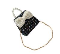 Beaupretty Stylish Pearl Bowknot Bag with Pearl Handle for Little Girl, Elegant Single Shoulder Bowknot Clutch Bag in Black Cotton and Linen, Fashion Accessory for Graduation Season