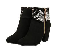 Beaupretty Stylish Rhinestone Chunky Heel Ankle Boots for Women Elegant Wedding Short Booties Chic Winter Dress Boots for Ladies Comfortable Fashion Block Heels