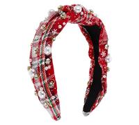 Beaupretty Vintage Christmas Wide Knotted Headband with Faux Pearl Embellishments Comfortable Retro Korean Style Hairband for Women Holiday and Everyday Fashion