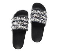 Beaupretty Women Braided Pearl Flat Sandals Woven Slip-on Beach Slides Summer Black Size 37
