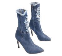 Beaupretty Women's Denim Boots Cowgirl Lace up Boots High Heel Knee High Fashion Comfortable Autumn