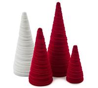 beausougon Velvet Cones Set of 4,3 Pcs Red and A White Mantel Decor, Holiday Entryway, Rustic Winter Home, Valentine's, Modern Christmas, Tree Figurines