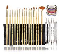Beaute Galleria Bundle 50 Pieces Nail Art Tool Kit with Pouch - 5 Pieces Dotting Tool Marbleizing Pen (10 Sizes), 15 Pieces Acrylic Gel Detailing Painting Brushes Liners, 30 Pieces Striping Tapes