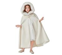 BEAUTELICATE Girls Hooded Cape Coat Full Length Wool Cloak with Faux Fur Hood For Winter Wedding Flower Girl Little Bridesmaid Halloween Christmas Ivory, 10-12 years