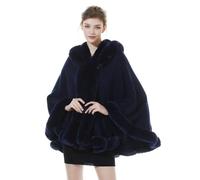 BEAUTELICATE Knit Cape Coat Women Knitted Hooded Cloak Poncho with Fur Collar Faux Fur Shawl Wrap Stole Fashion Oversize Cardigans for Autumn Winter Wedding Bride Bridesmaids(One Size, Navy Blue)