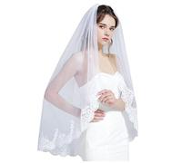 BEAUTELICATE Wedding Bridal Veil 1 Tier With Lace Applique Edge Fingertip Length Veil With Comb Vintage Mantilla Veil White Ivory V68