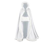 BEAUTELICATE Wedding Hooded Cloak Bridal Cape with Hood Women's Long Faux Fur Poncho Coat Winter Halloween Christmas Cosplay Costume Plus Size with Free Hand Muff(White, 55'')