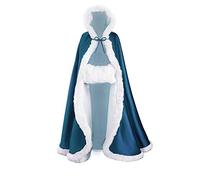 BEAUTELICATE Wedding Hooded Cloak Bridal Cape with Hood Women's Long Faux Fur Poncho Coat Winter Halloween Christmas Cosplay Costume Plus Size with Free Hand Muff(Peacock Blue, 55'')
