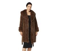 BEAUTELICATE Women’s Faux Fur Lapel Coat Mid-length Belted Lined Overcoat Oversized Loose-fit Fluffy Winter Outerwear With Pockets Hooks Closure Brown, M