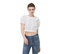 BEAUTELICATE Women's Summer Crop Blouse 100% Cotton Cool Peter Pan Collar Cute Top Short Puff Sleeves Button Down Shirt Off White, L