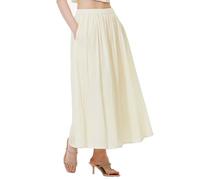 BEAUTELICATE Women's White Long Skirt Pure Crepe Cotton A-line Maxi Retro Plain Solid Color Stylish Casual Summer Autumn Skirt with Pockets Lining Beige, XL