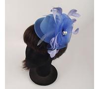 Beautfiful mini top hats available in a range of bold colours featuring a large et flower with pearls and feathers. Very classy and ideal for many occasions. Has 2 crocodile clips attached. (Light Blue)
