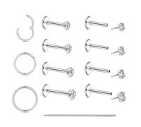 Beautidots 12PCS Flat Back Studs Nose Earrings 18G 16G Threadless Hoops Push in Flat Back Stainless Steel Cartilage Studs Tragus Conch Helix Piercing Jewelry with Different Size AAAAA+ Ziron