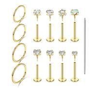 Beautidots 13PCS Flat Back Studs Nose Earrings 18G 16G Threadless Hoops Push in Flat Back Stainless Steel Cartilage Studs Tragus Conch Helix Piercing Jewelry with AAAAA+ Ziron, Stainless Steel, cubic