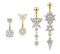Beautidots 4PCS Belly Button Ring 14G 1.6MM Gold Stainless Steel Dangle Dangling Belly Rings Clicker Belly Piercing Navel Rings for Women