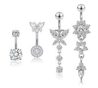 Beautidots 4PCS Belly Button Ring 14G 1.6MM Silver Stainless Steel Dangle Dangling Belly Rings Clicker Belly Piercing Navel Rings for Women