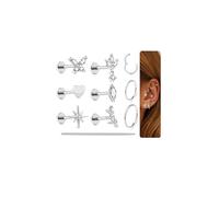 Beautidots G23 Titanium 10Pcs 16G/18G Stud Earrings Flat Back Tragus Cartilage Earrings Rings Hoops CZ Butterfly Flower Leafage Heart Stud Labret Conch Helix Piercing Jewelry Set, G23 titanium, Cubic