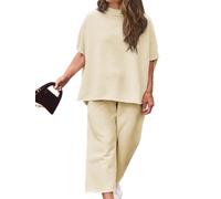 Beautife Women's Plus Size 2 Piece Outfits 3/4 Batwing Sleeve Capelet Crew Neck Pullover Top Wide Leg Pants Lounge Set, Apricot, 5XL