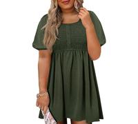Beautife Women's Plus Size Smocked Summer Dress Casual Button Puff Sleeve Scoop Neck A-Line Beach Mini Dress, Army Green, 4XL