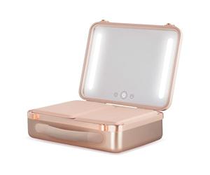 Beautifect Box Rose Gold - Large Makeup Bag with LED Light Up Mirror - Quilted Metallic Vanity Case Travel Cosmetics Bag for Women - Toiletry & Make Up Organiser with Compartments & Brush Holders