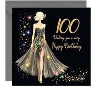 Beautiful 100th Birthday Card for Women Glitter Sparkle Dress Design Black & Gold - Pretty Birthday Card for 100 Year old hundredth hundred