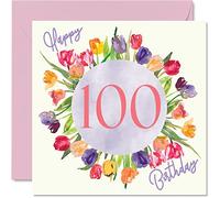Beautiful 100th Birthday Cards for Women - Watercolour Tulips Flowers Bouquet - Happy Birthday Card for Her Great Grandma Nanny Gran Gifts, 145mm Lovely Floral Greeting Cards Gift