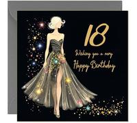 Beautiful 18th Birthday Card for Women Glitter Sparkle Dress Design Black & Gold - Pretty Birthday Card for 18 Year old teenage Kids Eighteen, Eighteenth