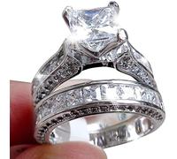 Beautiful 2-in-1 Women's Vintage Princess Cut CZ White Gold Filled White Diamond Silver Engagement Wedding Ring Set
