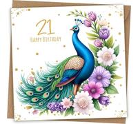 Beautiful 21st Birthday Card - Elegant Peacock Floral Birthday Cards for 21st bday