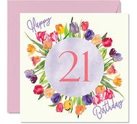 Beautiful 21st Birthday Cards for Women - Watercolour Tulips Flowers Bouquet - Happy Birthday Card for Her Daughter Granddaughter Sister Gifts, 145mm Lovely Floral Greeting Cards Gift