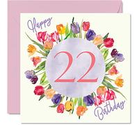 Beautiful 22nd Birthday Cards for Women - Watercolour Tulips Flowers Bouquet - Happy Birthday Card for Her Daughter Auntie Sister Friend Gifts, 145mm Lovely Floral Greeting Cards Gift