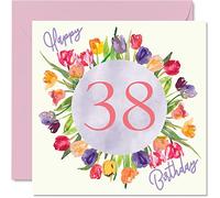 Beautiful 38th Birthday Cards for Women - Watercolour Tulips Flowers Bouquet - Happy Birthday Card for Her Daughter Auntie Sister Friend Gifts, 145mm Lovely Floral Greeting Cards Gift
