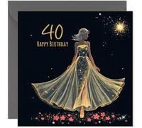 Beautiful 40th Birthday Card for Women Black & Gold Silhouette Dress Design - Female Elegant Birthday Card for 40 Year old forty, fortieth