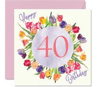 Beautiful 40th Birthday Cards for Women - Watercolour Tulips Flowers Bouquet - Happy Birthday Card for Her Mum Auntie Sister Friend Gifts, 145mm Lovely Floral Greeting Cards Gift