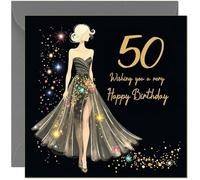 Beautiful 50th Birthday Card for Women Glitter Sparkle Dress Design Black & Gold - Pretty Birthday Card for 50 Year old fifty, fiftieth