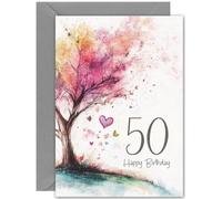 Beautiful 50th Birthday Card - Watercolour Tree - Large A5 Size - Pretty Birthday Card for 50 Year old fifty, fiftieth