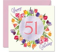 Beautiful 51st Birthday Cards for Women - Watercolour Tulips Flowers Bouquet - Happy Birthday Card for Her Grandma Nanny Gran Mum Gifts, 145mm Lovely Floral Greeting Cards Gift