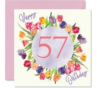 Beautiful 57th Birthday Cards for Women - Watercolour Tulips Flowers Bouquet - Happy Birthday Card for Her Grandma Nanny Gran Mum Gifts, 145mm Lovely Floral Greeting Cards Gift