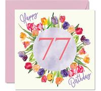 Beautiful 77th Birthday Cards for Women - Watercolour Tulips Flowers Bouquet - Happy Birthday Card for Her Grandma Nanny Gran Mum Gifts, 145mm Lovely Floral Greeting Cards Gift