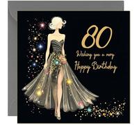 Beautiful 80th Birthday Card for Women Glitter Sparkle Dress Design Black & Gold - Pretty Birthday Card for 80 Year old Eighty Eightieth