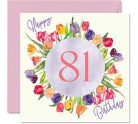 Beautiful 81st Birthday Cards for Women - Watercolour Tulips Flowers Bouquet - Happy Birthday Card for Her Grandma Nanny Gran Mum Gifts, 145mm Lovely Floral Greeting Cards Gift